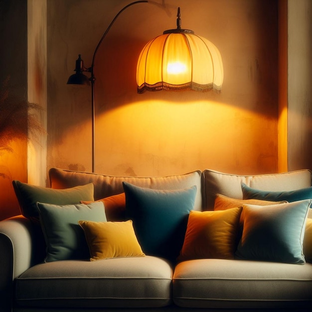 a couch with many pillows on it and a lamp above it