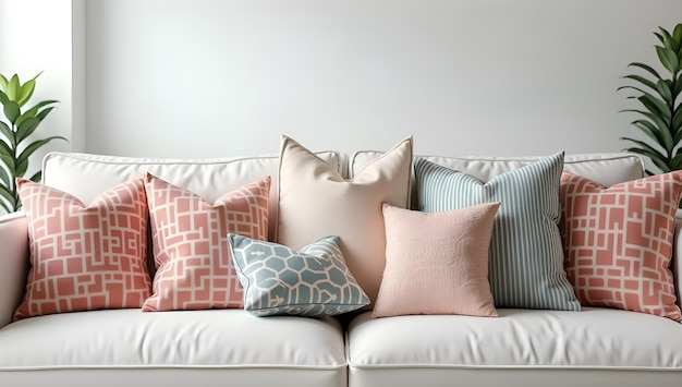 Photo a couch with many pillows on it and a white wall behind them