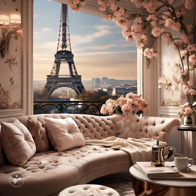 Photo a couch with a picture of a tower on it and a window with the eiffel tower in the background