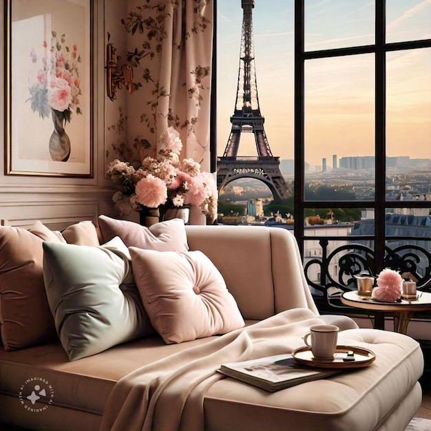 Photo a couch with a picture of a tower and a window with the eiffel tower in the background