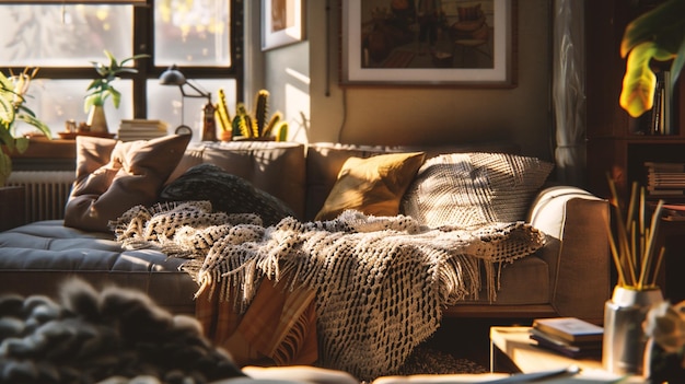 Photo a couch with a pillow and a lamp on it