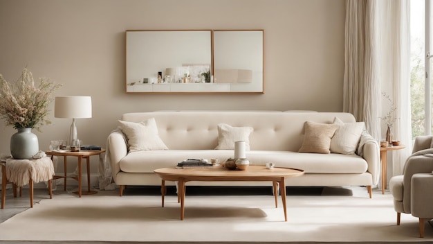 a couch with pillows and a coffee table in front of a mirror