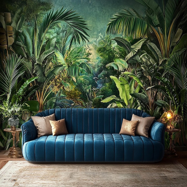 Photo a couch with pillows and a couch in a jungle