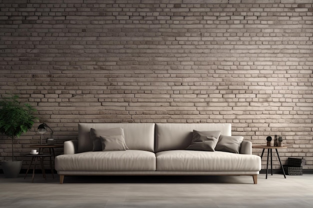 A couch with pillows on it and a brick wall behind it