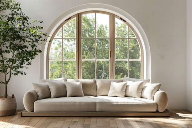 a couch with pillows and a large window with a plant in the corner