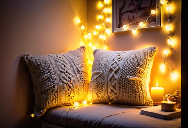 a couch with pillows and a picture of a christmas tree on it