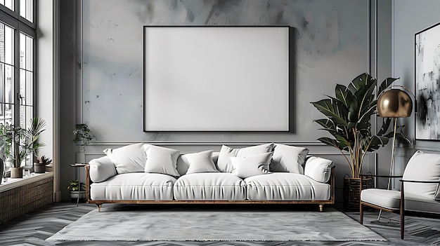 a couch with pillows and a picture hanging on the wall