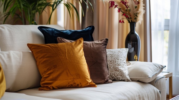 Photo a couch with pillows and a vase with flowers in it