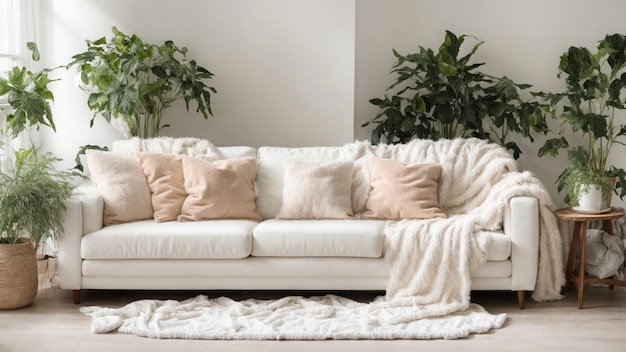 a couch with pillows and a white blanket on it