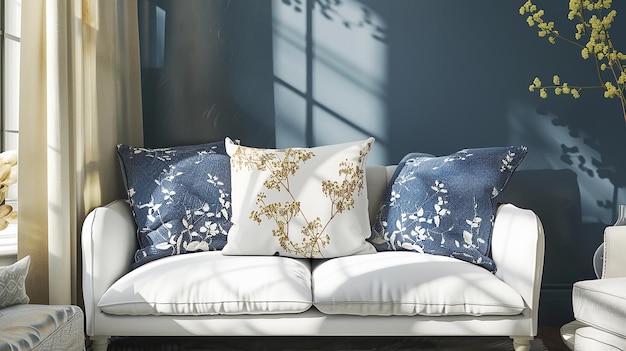 Photo a couch with pillows and a white pillow with gold leaves on it