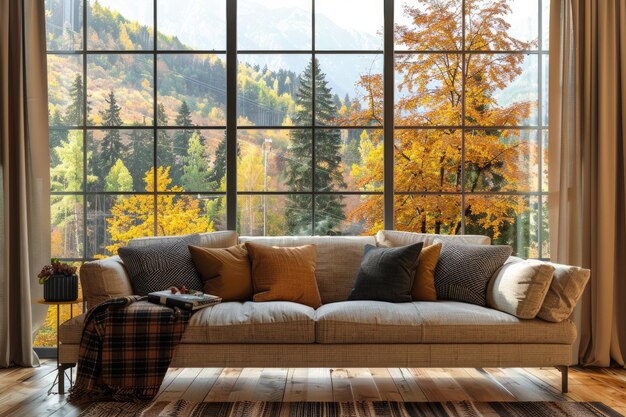 a couch with a plaid blanket on it and a large window behind it