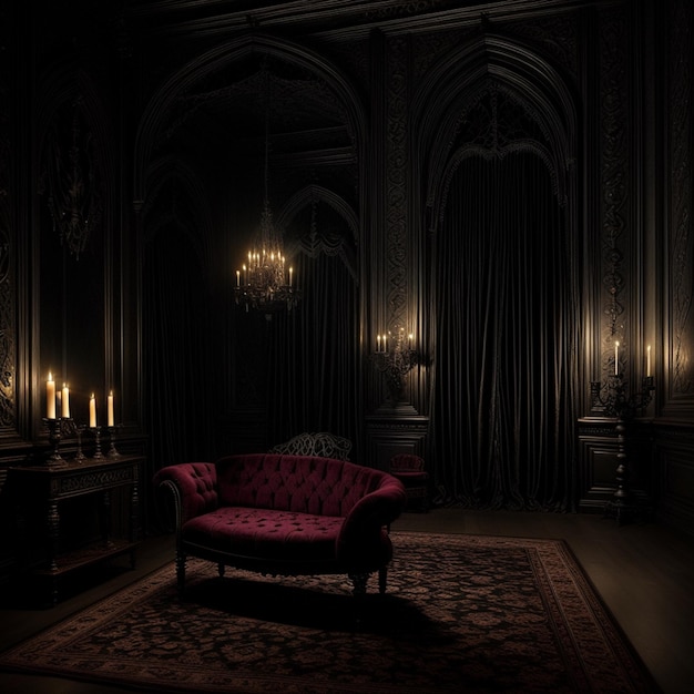 Photo a couch with a red cover sits in a dark room with a chandelier in the corner