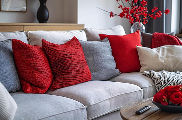 a couch with red pillows and a gray blanket on it