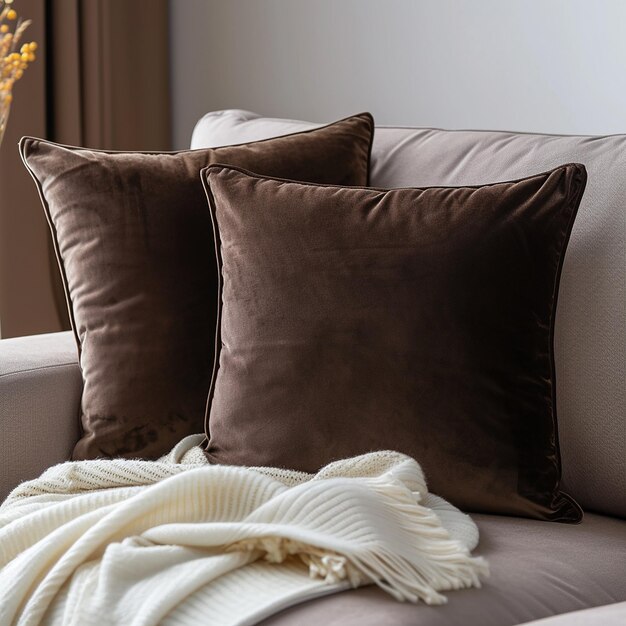 Photo a couch with three brown pillows on it and a white blanket on the back