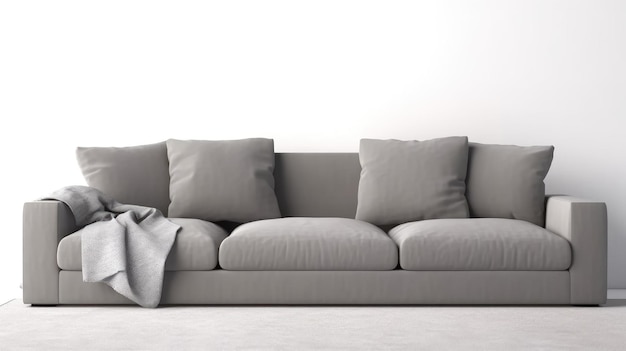 A couch with three pillows on it and a white wall behind it.