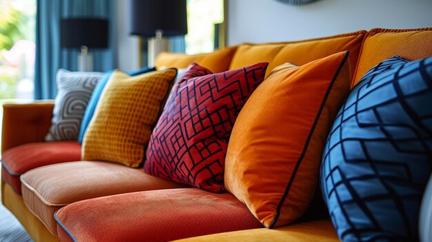 Photo a couch with a variety of colorful pillows on it