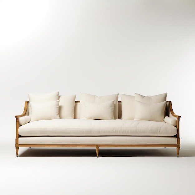 a couch with a wooden frame and a white background