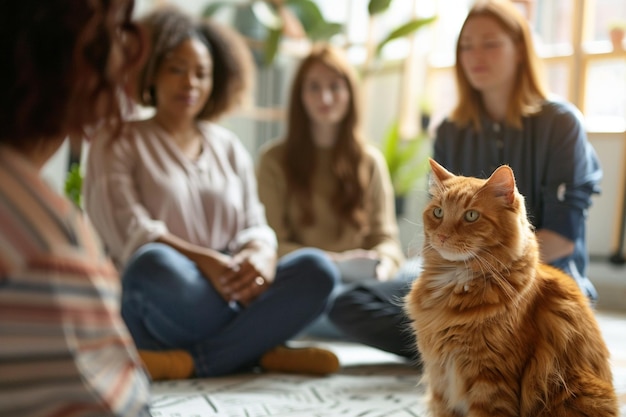 Photo a counselor leading a support group diverse participants welcoming atmosphere soft focus