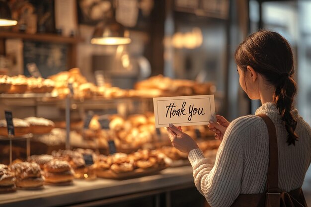 Photo counter full of baked goods with woman holding thank you card