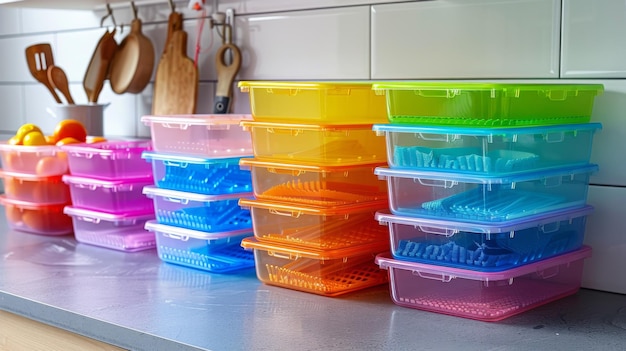 Counter full of plastic containers