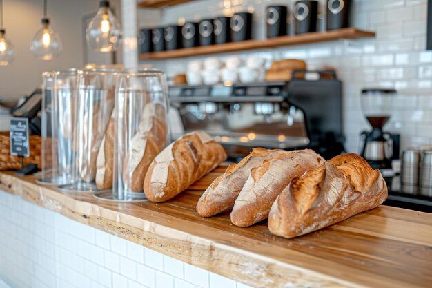 Photo a counter with bread and jars of coffee