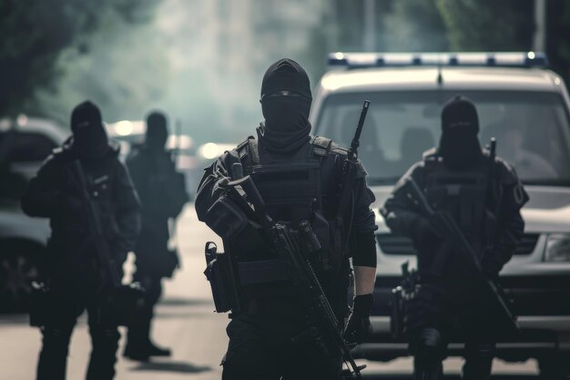 Photo counterterrorists team group of men special forces armed team standing by police vehicles ready