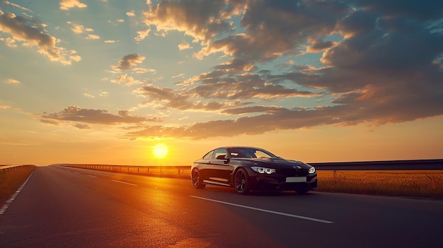 Country Drive Black Car Parked on Countryside Asphalt Road