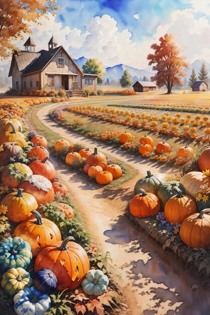 Country farm landscape with pumpkins