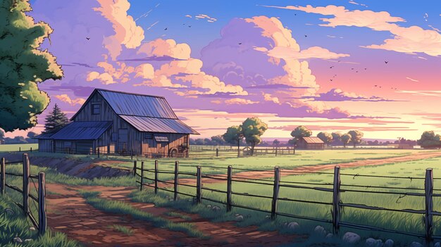 Country farm with lush fields and pastel clouds sky ai generated 2D cartoon illustration