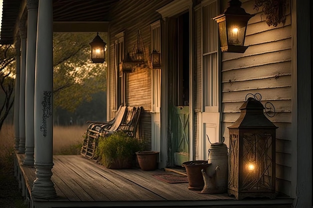 Country farmhouse with weathered wooden porch and hanging lanterns