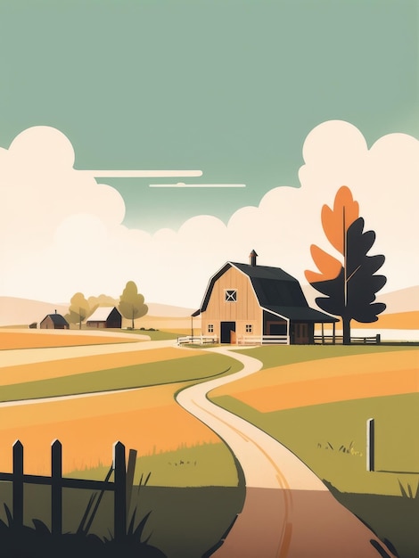 Photo country field and farm vintage colorful flat illustration