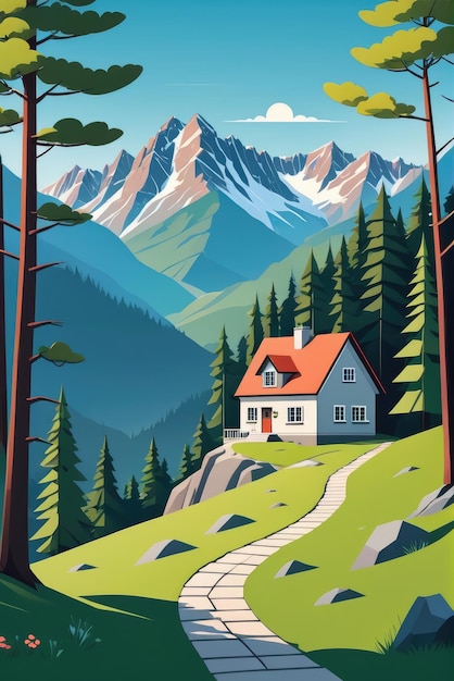 Country house surrounded by forest and rocky mountains cartoon