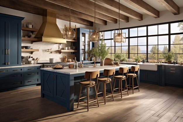 Country kitchen eco interior design in blue tones sustainable parquet floor dining table chairs