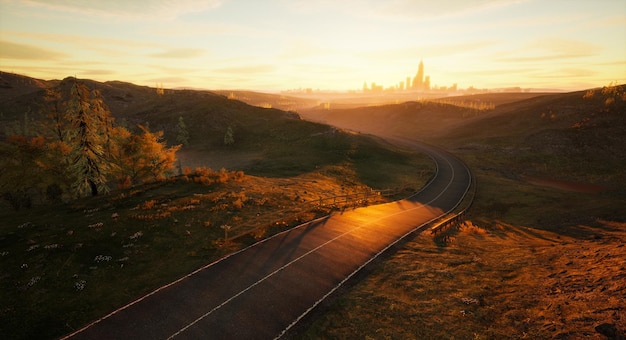 Country road to the city in the early morning countryside road