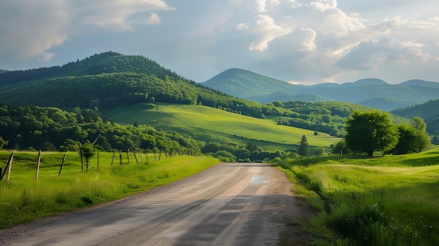 country road and green mountains in summer Generative AI