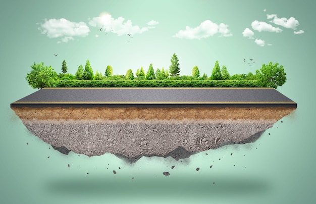 country road and green trees in summer. 3d illustration of a piece of green land isolated.