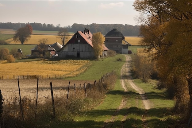 A country road leads to a farm with a barn in the background.