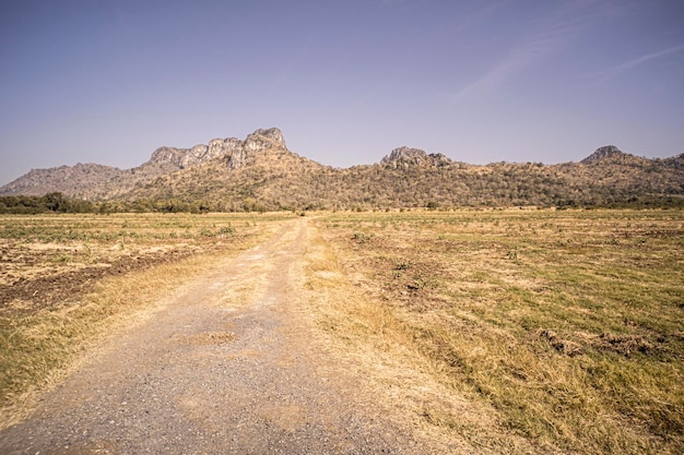 country road to mountain among grassland