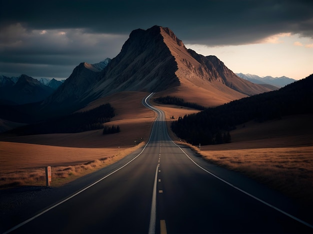 A country road between mountains in a cloudy day