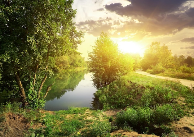 Country road near river in sunny evening