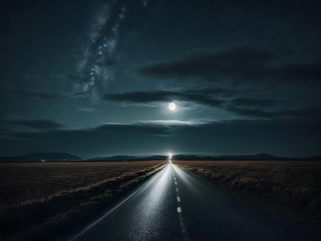 A country road at night looks so lonely and scary