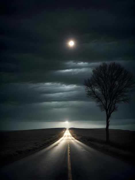 A country road at night looks so lonely and scary