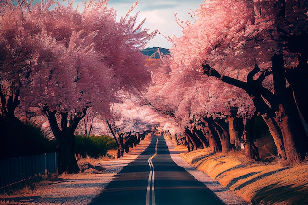 Country road under pink blossom Illustration Generative AI