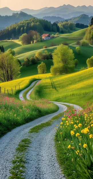 a country road runs through a field of flowers