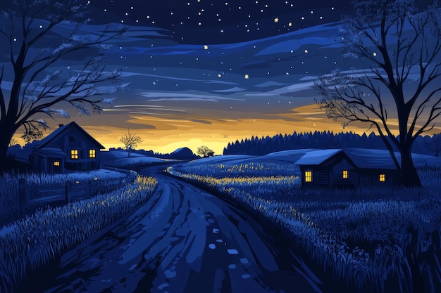 A country road that crosses a field leads to two houses with bright windows under a starry night sky