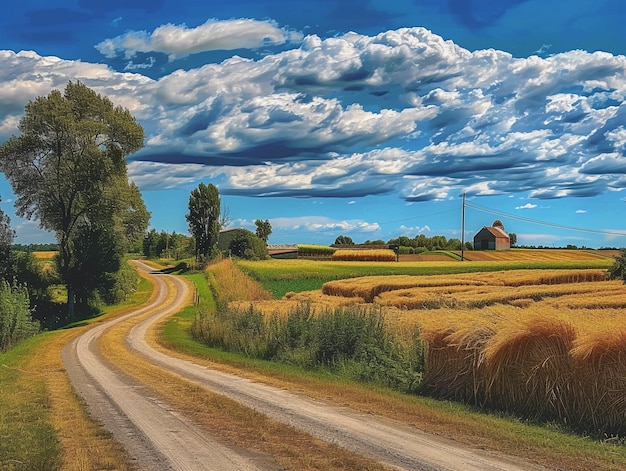 Country Road Through Harvest Fields