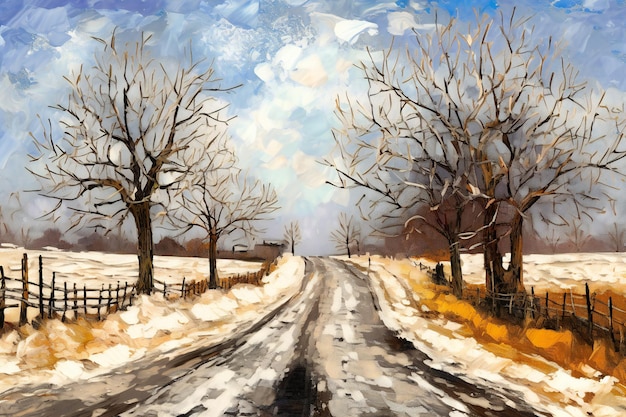 Country road at winter landscape background hand drawn artistic