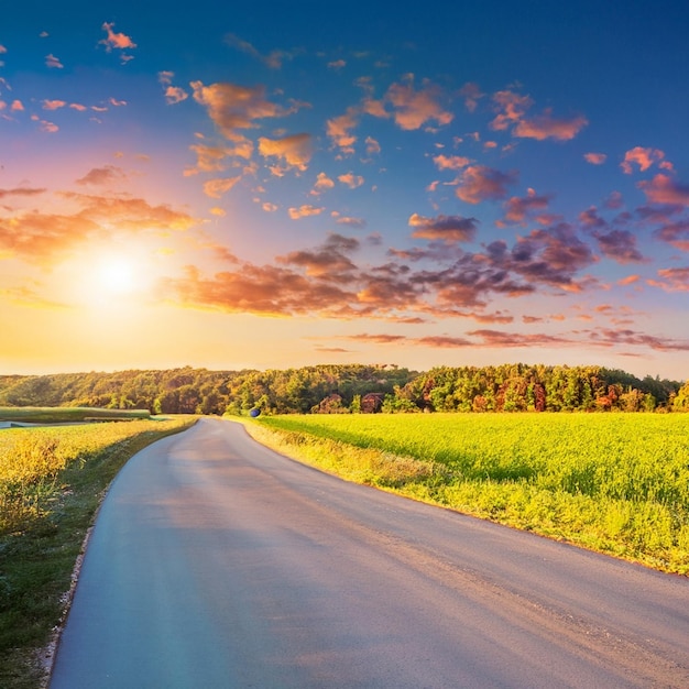 Photo country road with a beautiful sunset view landscape photography