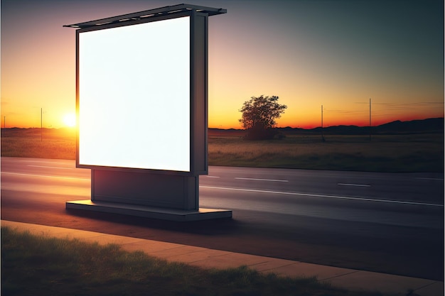 Country road with blank lightbox mockup standing along it