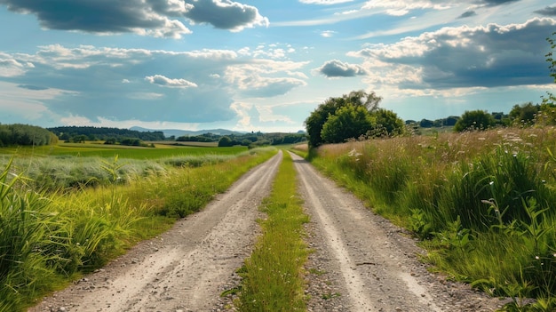 Photo country road with blue sky and green fields